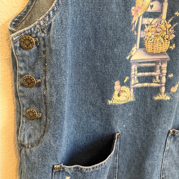 Vintage Denim Jean Midi Overall Chore Dress Women's LARGE Cottage Prairie Birds - Picture 5 of 10